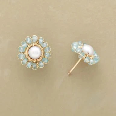 Pendientes Flor de Cristal Azul y Perla Vintage