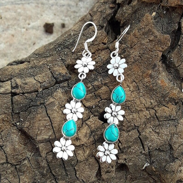 Pendientes Florales Vintage con Piedras Turquesa