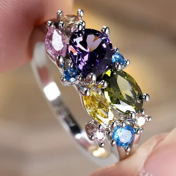 Anillo Cristales Multicolor Plateado Vintage